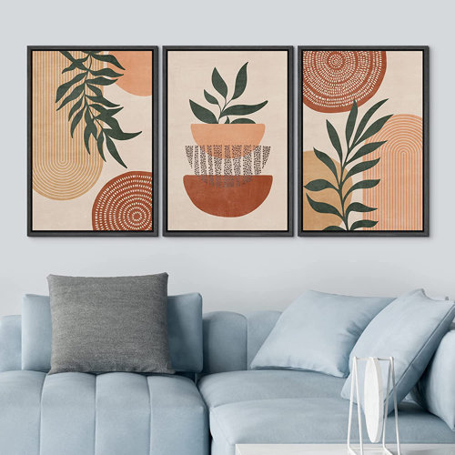 Geometric Mid Century Polygon Palm Leaf Framed On Canvas 3 Pieces Graphic Art 